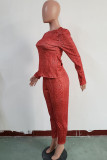 Red Casual Print Two Piece Suits pencil Long Sleeve