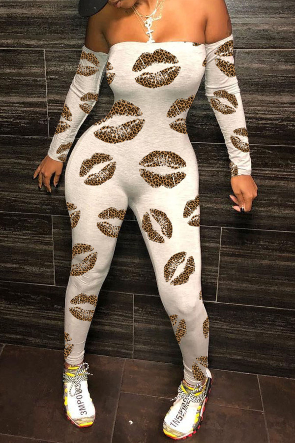 Brown Sexy Print Strapless Regular Jumpsuits