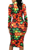 Yellow Fashion Casual Adult Print Patchwork O Neck Long Sleeve Knee Length A Line Dresses