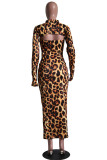 Green Street Print Leopard O Neck Long Sleeve Two Pieces