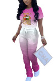 Orange Fashion Casual adult Ma'am O Neck Print Two Piece Suits Lips Print Pattern Plus Size