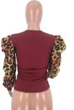 Wine Red Nylon O Neck Long Sleeve Leopard Print Patchwork Slim fit 