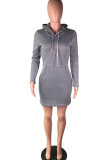 purple Street Cap Sleeve Long Sleeves Hooded Step Skirt Knee-Length Solid