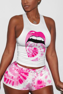 Light Pink Fashion Sexy adult Ma'am O Neck Patchwork Print Two Piece Suits Pattern Plus Size