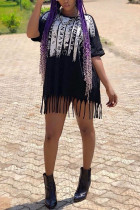 Black Sexy Casual Blends Letter Patchwork Print Tassel Patchwork Basic O Neck Short Sleeve Mini T-shirt Dress Dresses