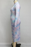 Blue Europe and America Ma'am OL V Neck Print Draped Gradient Plus Size