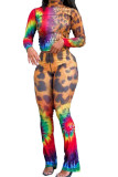 Gold venetian Fashion Active adult Ma'am Leopard Print Two Piece Suits Straight Long Sleeve Two Pieces