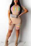 Black Fashion Casual adult Letter Patchwork Print Two Piece Suits pencil Short Sleeve Two Pieces