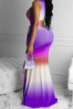 purple Sexy Tank Sleeveless Swagger Floor-Length Print Ombre Dresses