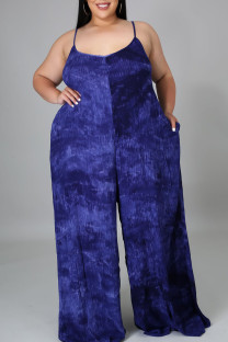 Blue Casual Print Patchwork Spaghetti Strap Plus Size Jumpsuits