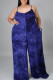 Blue Casual Print Patchwork Spaghetti Strap Plus Size Jumpsuits