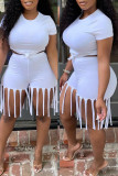 Yellow Fashion Casual Solid Tassel O Neck Short Sleeve Two Pieces