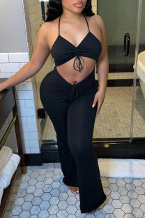 Black Fashion Sexy Solid Hollowed Out Backless V Neck Regular Jumpsuits