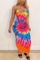 Orange Fashion Sexy adult White Pink Spaghetti Strap Sleeveless Slip Step Skirt Ankle-Length Print Patchwork Tie and dye Dresses
