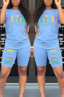 Light Blue Fashion Casual adult Letter Patchwork Print Two Piece Suits pencil Short Sleeve Two Pieces