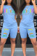 Light Blue Fashion Casual adult Letter Patchwork Print Two Piece Suits pencil Short Sleeve Two Pieces