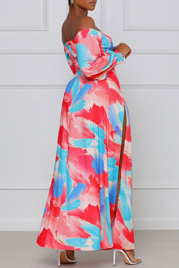 Red Sexy Print Patchwork Off the Shoulder Straight Dresses