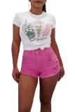 Orange Button Fly Mid Solid Patchwork Straight shorts