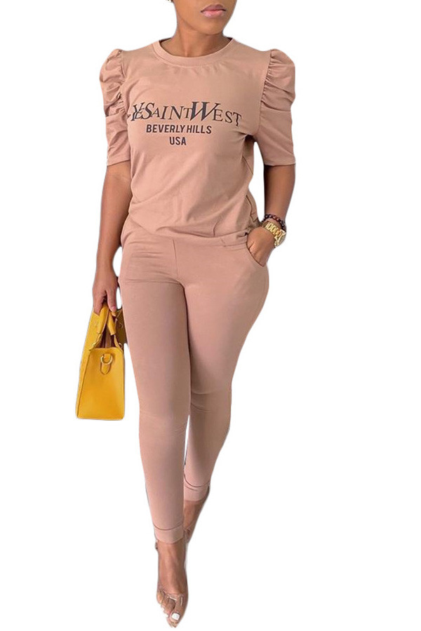 Khaki Fashion Casual Print pencil Half Sleeve Two Pieces