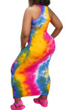 Red Fashion adult England Ma'am Red Tank Sleeveless O neck Pencil Dress Ankle-Length Print Tie and dye Dresses