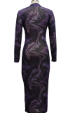Purplish Red Sexy Print Patchwork Zipper Collar Pencil Skirt Dresses