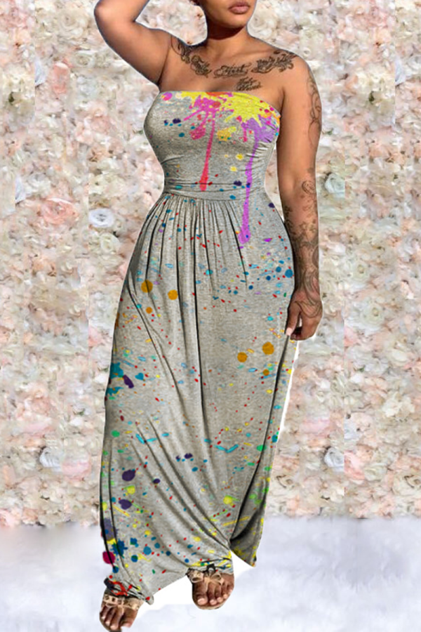 Grey Sexy Print Patchwork Strapless Printed Dress Dresses