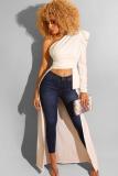 Black One Shoulder Collar Long Sleeve Solid Draped asymmetrical