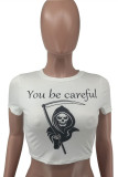White Fashion Casual Print Basic O Neck T-Shirts