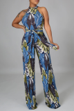 Turquoise Sexy Print Patchwork Halter Straight Jumpsuits