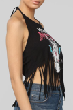 Burgundy Sexy Print Tassel Halter Tops