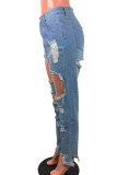 Baby Blue Street Solid Ripped Mid Waist Regular Denim