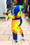 Blue Yellow Casual Print Tie Dye Patchwork O Neck Long Sleeve Two Pieces