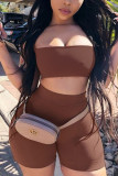 Brown Casual Print Solid backless Straight Sleeveless Two Pieces