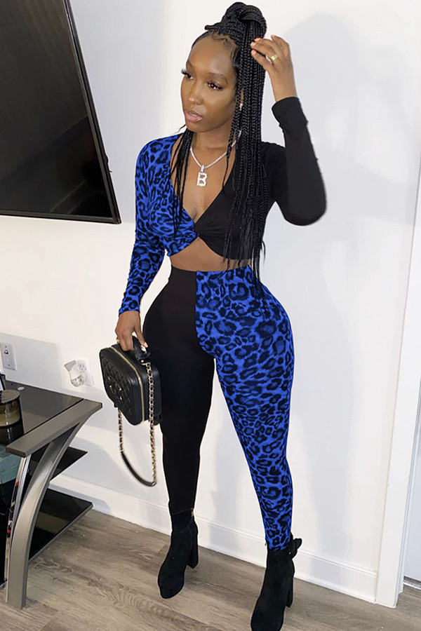 Blue Sexy Patchwork Two Piece Suits Leopard Straight Long Sleeve