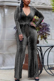 Silver Sexy Solid Patch V Neck Regular Jumpsuits