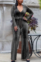 Silver Sexy Solid Patch V Neck Regular Jumpsuits