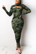 Green Street Print Leopard O Neck Long Sleeve Two Pieces