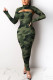 Green Street Print Leopard O Neck Long Sleeve Two Pieces