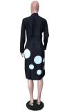 White Casual Fashion Cap Sleeve Long Sleeves Turndown Collar Slim Dress Knee-Length Solid Ball a