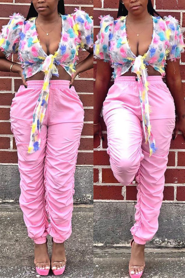 Pink Elastic Fly Sleeveless Mid Patchwork Draped Solid Straight Pants