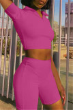 Rose Red Fashion Casual Solid Basic Turndown Collar Short Sleeve Two Pieces