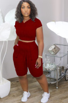 Wine Red Fashion Casual adult Ma'am Patchwork Solid Two Piece Suits pencil Short Sleeve Two Pieces