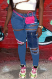 Blue Fashion Casual Print Ripped Buttons Regular Mid Waist Pencil Bottoms