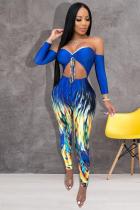 Blue Fashion street Print Hollow bandage Three Quarter Wrapped Jumpsuits