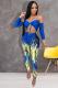 Blue Fashion street Print Hollow bandage Three Quarter Wrapped Jumpsuits