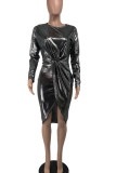 Silver Sexy Casual Solid Slit O Neck Pencil Skirt Dresses