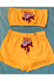 purple Sexy Plaid Letter Print Character Straight Two Pieces