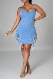 Light Blue Fashion Sexy Solid Tassel Backless Spaghetti Strap Denim Dress