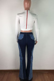 Blue Work Daily Solid Patchwork Mid Waist Regular Jeans