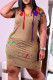Khaki Fashion Casual Print Basic V Neck Short Sleeve Dress